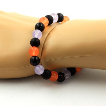 Bracelet Perles Calcédoine orange + Agate noire + Calcédoine lavande + Onyx noir mat 8 mm.