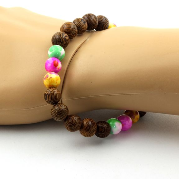 Bracelet Perles Jaspe vert rose + Jaspe jaune violet + Jaspe rose jaune + bois 8 mm.