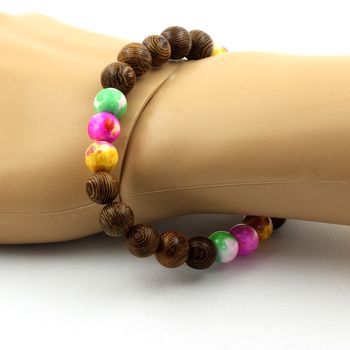Bracelet Perles Jaspe vert rose + Jaspe jaune violet + Jaspe rose jaune + bois 8 mm.