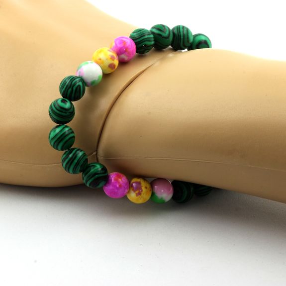 Bracelet Perles Malachite + Jaspe jaune violet + Jaspe rose jaune + Jaspe vert rose 8 mm.