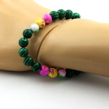 Bracelet Perles Malachite + Jaspe jaune violet + Jaspe rose jaune + Jaspe vert rose 8 mm.