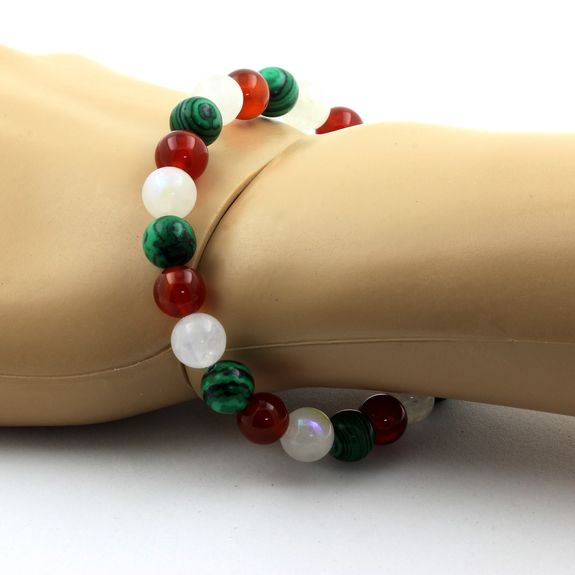 Bracelet Perles Agate Rouge + Pierre de lune + Malachite 8 mm.