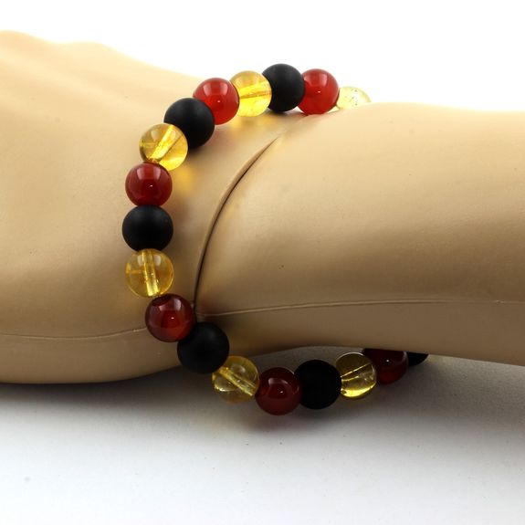 Bracelet Perles Agate Rouge + Citrine + Onyx noir mat 8 mm.