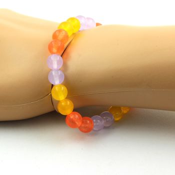 Bracelet Perles Calcédoine orange + Calcédoine lavande + Agate jaune 8 mm.
