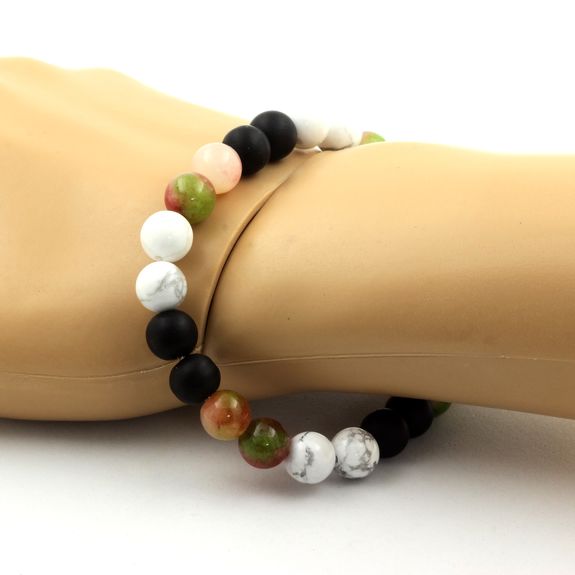 Bracelet Perles Tourmaline melon d'eau + Howlite + Onyx noir mat 8 mm.