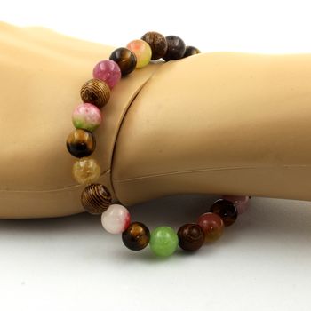 Bracelet Perles Oeil de Tigre + Tourmaline multicolore + Tourmaline melon d'eau + Bois 8 mm.