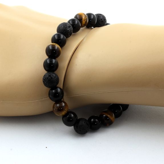 Bracelet Perles Oeil de Tigre + Lave + Agate noire 8 mm.