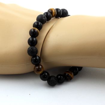 Bracelet Perles Oeil de Tigre + Lave + Agate noire 8 mm.