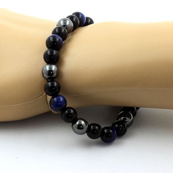 Bracelet Perles Oeil de Tigre bleu + Hématite + Agate noire 8 mm.