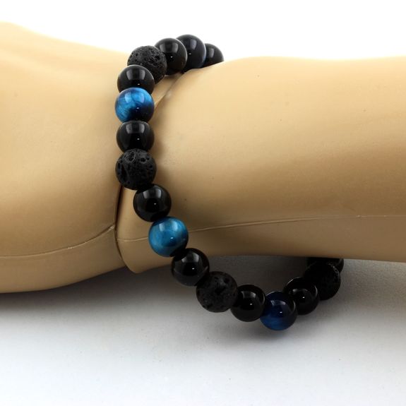 Bracelet Perles Oeil de Tigre bleu clair + Lave + Agate noire 8 mm.