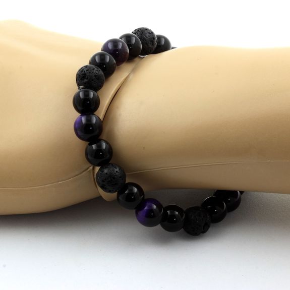 Bracelet Perles Oeil de Tigre violet + Lave + Agate noire 8 mm.