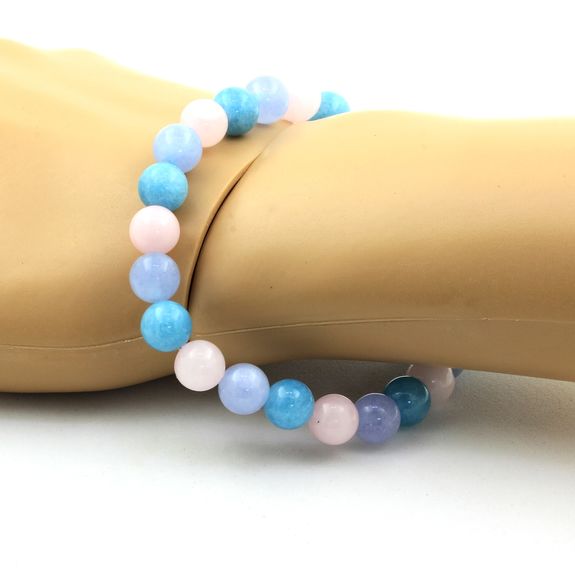 Bracelet Perles Calcédoine bleu + Aigue-Marine + Quartz rose 8 mm.