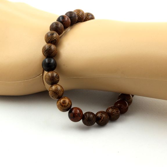 Bracelet Perles Obsidienne Mahogany + bois 8 mm.