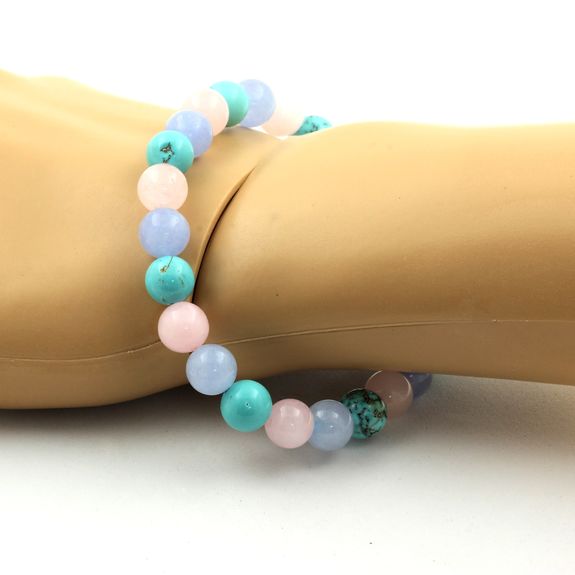 Bracelet Perles Quartz rose + Aigue-Marine + Turquoise 8 mm.