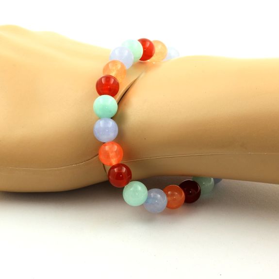 Bracelet Perles Amazonite + Calcédoine orange + Aigue-Marine + Agate Rouge 8 mm.