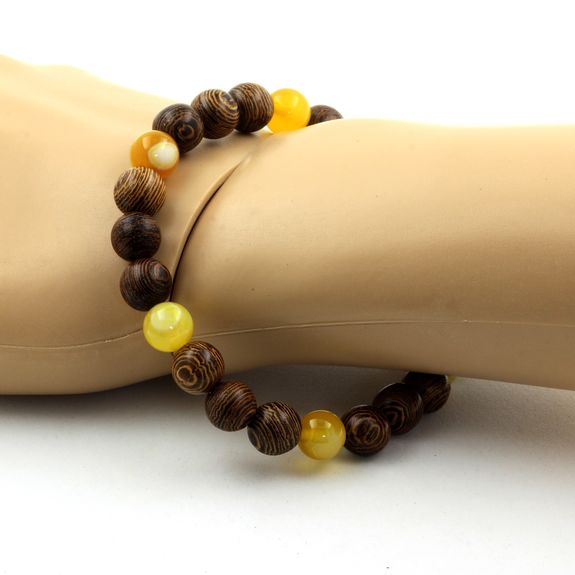 Bracelet Perles Sardonyx jaune + bois 8 mm.