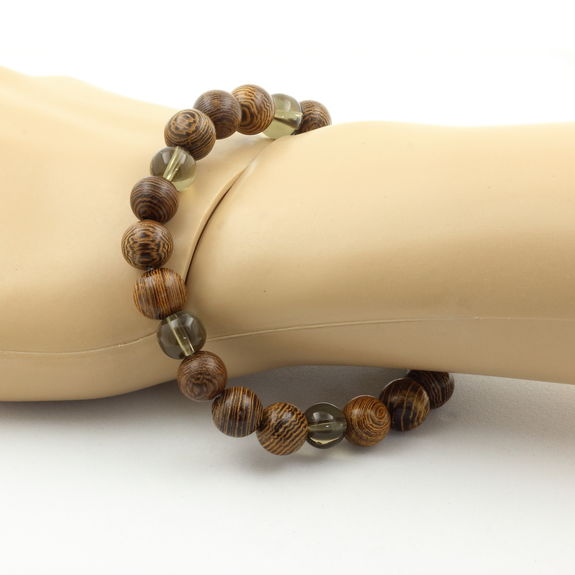 Bracelet Perles Quartz fumé + bois 8 mm.