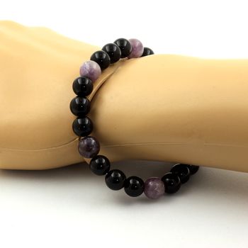 Bracelet Perles Agate noire + Mica violet de Tanzanie 8 mm.