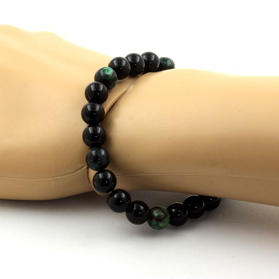 Bracelet Perles Agate noire + Emeraude de Zambie 8 mm.
