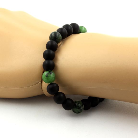 Bracelet Perles Onyx noir mat + Epidote d'Australie 8 mm.