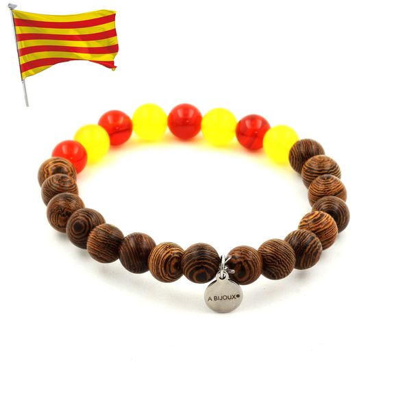 Bracelet Catalan Perles bois + Agate jaune + Agate Rouge 8 mm.