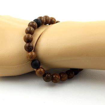 Bracelet Perles Onyx noir mat + bois 8 mm.