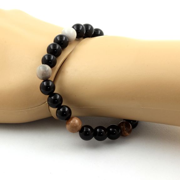 Bracelet Perles bois pétrifié + Agate noire 8 mm.