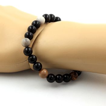 Bracelet Perles bois pétrifié + Agate noire 8 mm.