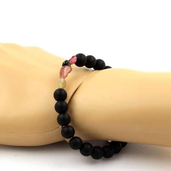 Bracelet Tourmaline multicolore du Brésil + Perles Onyx noir mat 8 mm.