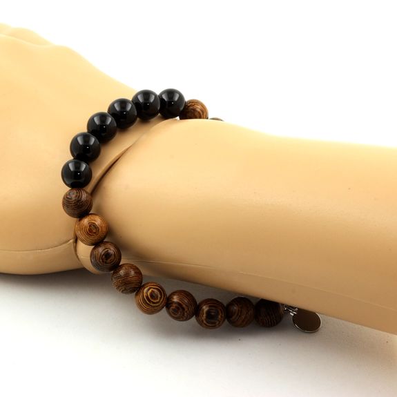 Bracelet Perles bois + Tourmaline Schorl du Brésil 8 mm.