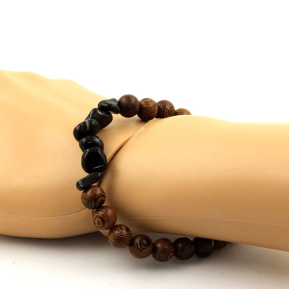 Schorl Tourmaline from Brazil + wood Bracelet 8 mm Beads.