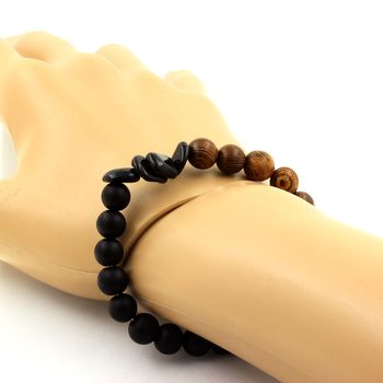 Schorl Tourmaline from Brazil + Matte black Onyx + wood Bracelet 8 mm Beads.