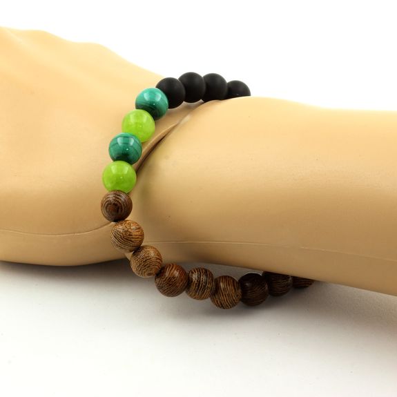 Bracelet Perles Malachite du Congo + Péridot + Onyx noir mat + bois 8 mm.