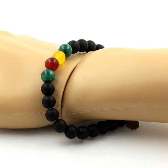 Bracelet Perles Malachite du Congo + Agate jaune + Agate Rouge + Onyx noir mat 8 mm.