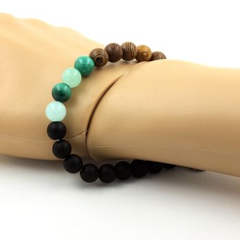 Bracelet Perles Malachite du Congo + Amazonite + Onyx noir mat + bois 8 mm.