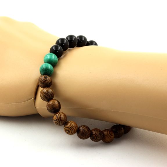 Malachite from Congo + Black Agate + wood Bracelet 8 mm Beads.