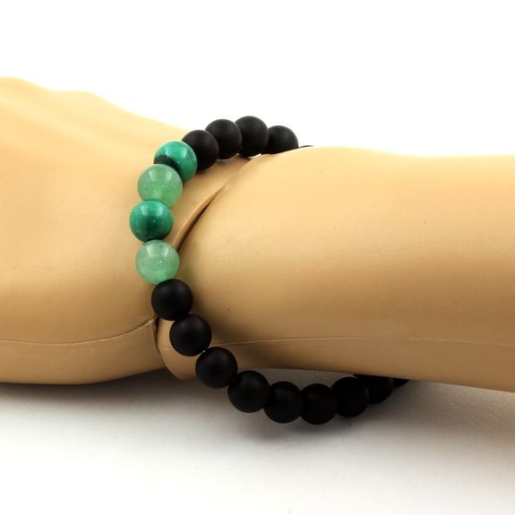 Bracelet Perles Malachite du Congo + Aventurine + Onyx noir mat 8 mm.