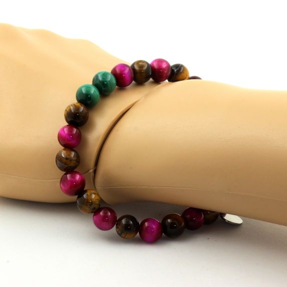 Malachite from Congo + Tiger's Eye + Fuschia Tiger's Eye Bracelet 8 mm Beads.