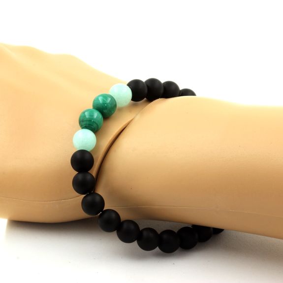 Bracelet Perles Malachite du Congo + Amazonite + Onyx noir mat 8 mm.
