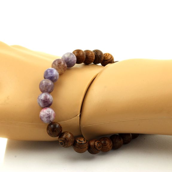 Bracelet Perles Mica violet de Tanzanie + bois 8 mm.