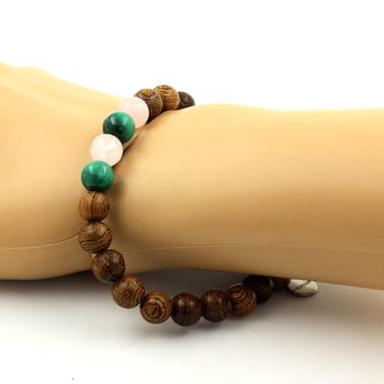 Bracelet Perles Malachite du Congo + Quartz rose + bois 8 mm.