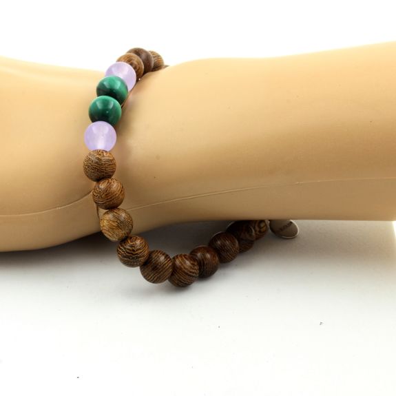 Malachite from Congo + Lavender Chalcedony + wood Bracelet 8 mm Beads.