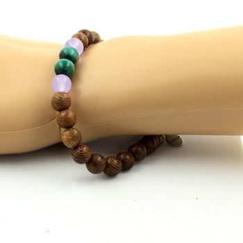 Malachite from Congo + Lavender Chalcedony + wood Bracelet 8 mm Beads.