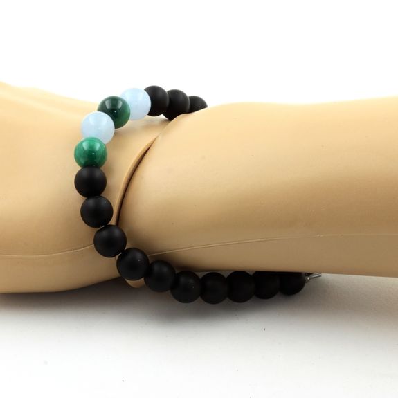 Bracelet Perles Malachite du Congo + Aigue-Marine + Onyx noir mat 8 mm.