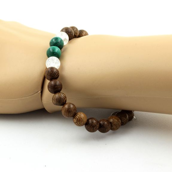 Malachite from Congo + Cracked Quartz + wood Bracelet 8 mm Beads.