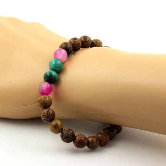 Malachite from Congo + Pink banded Agate + wood Bracelet 8 mm Beads.