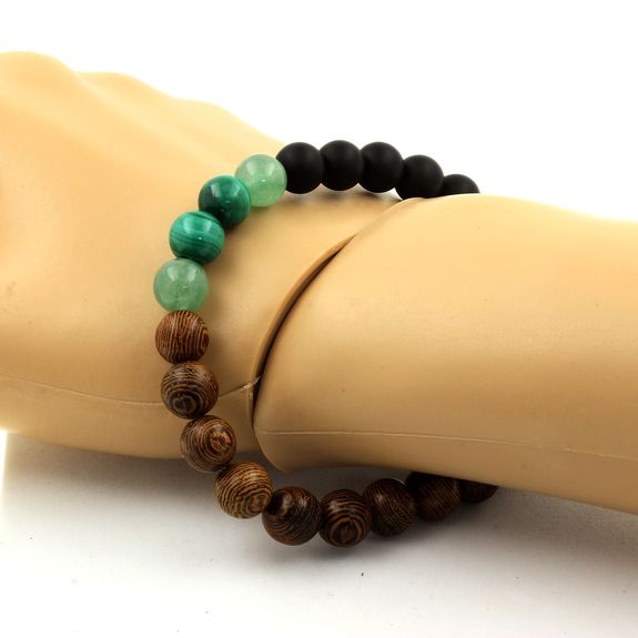 Bracelet Perles Malachite du Congo + Aventurine + Onyx noir mat + bois 8 mm.
