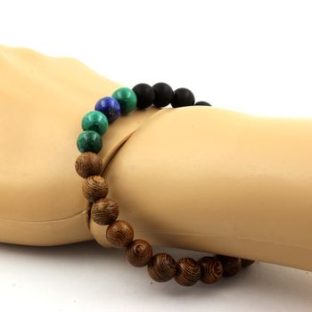 Bracelet Perles Malachite du Congo + Azurite Chrysocolle + Onyx noir mat + bois 8 mm.
