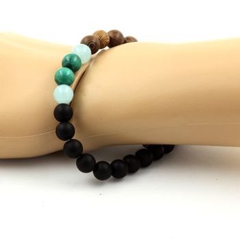 Bracelet Perles Malachite du Congo + Angélite + Onyx noir mat + bois 8 mm.