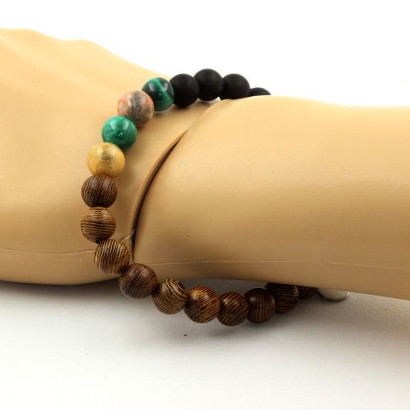 Bracelet Perles Malachite du Congo + Agate crazy lace + Onyx noir mat + bois 8 mm.